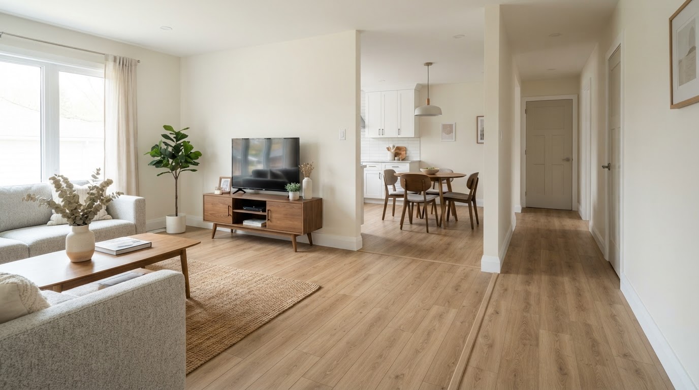 Residential interior with newly installed laminate flooring across multiple connected rooms, clean transitions and refreshed baseboards, serving Cloud Lake, Florida