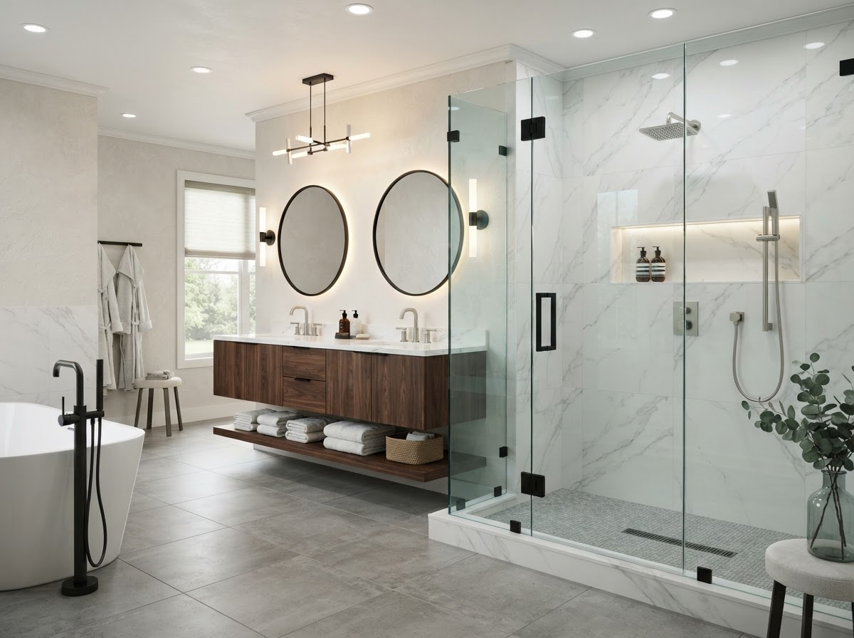 Custom walk-in shower remodel with frameless glass and porcelain tile by IJC Floors Inc in Loxahatchee