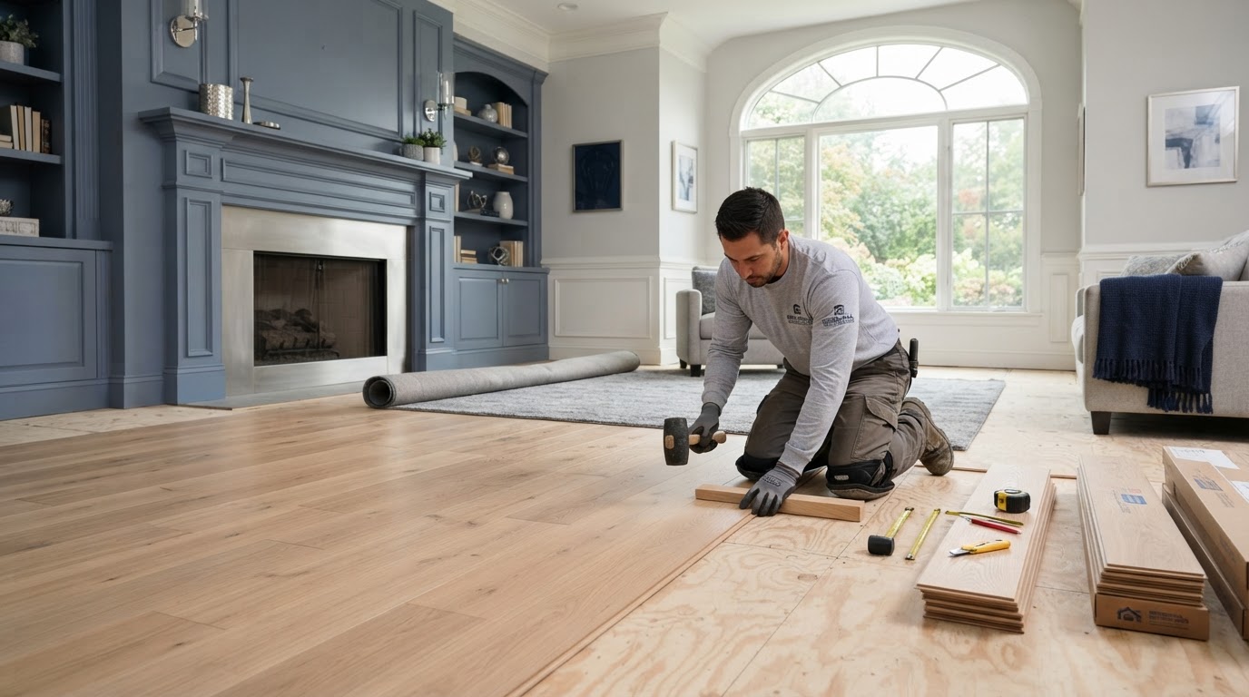 New replacement flooring installed after removing water-damaged floor materials in a Loxahatchee, Florida home