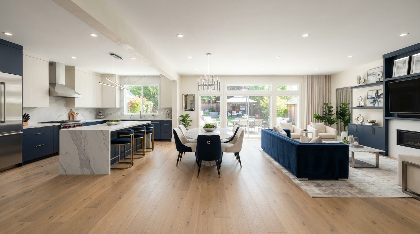 Open kitchen and living area with continuous flooring and finished ceiling after wall removal near Loxahatchee, Florida