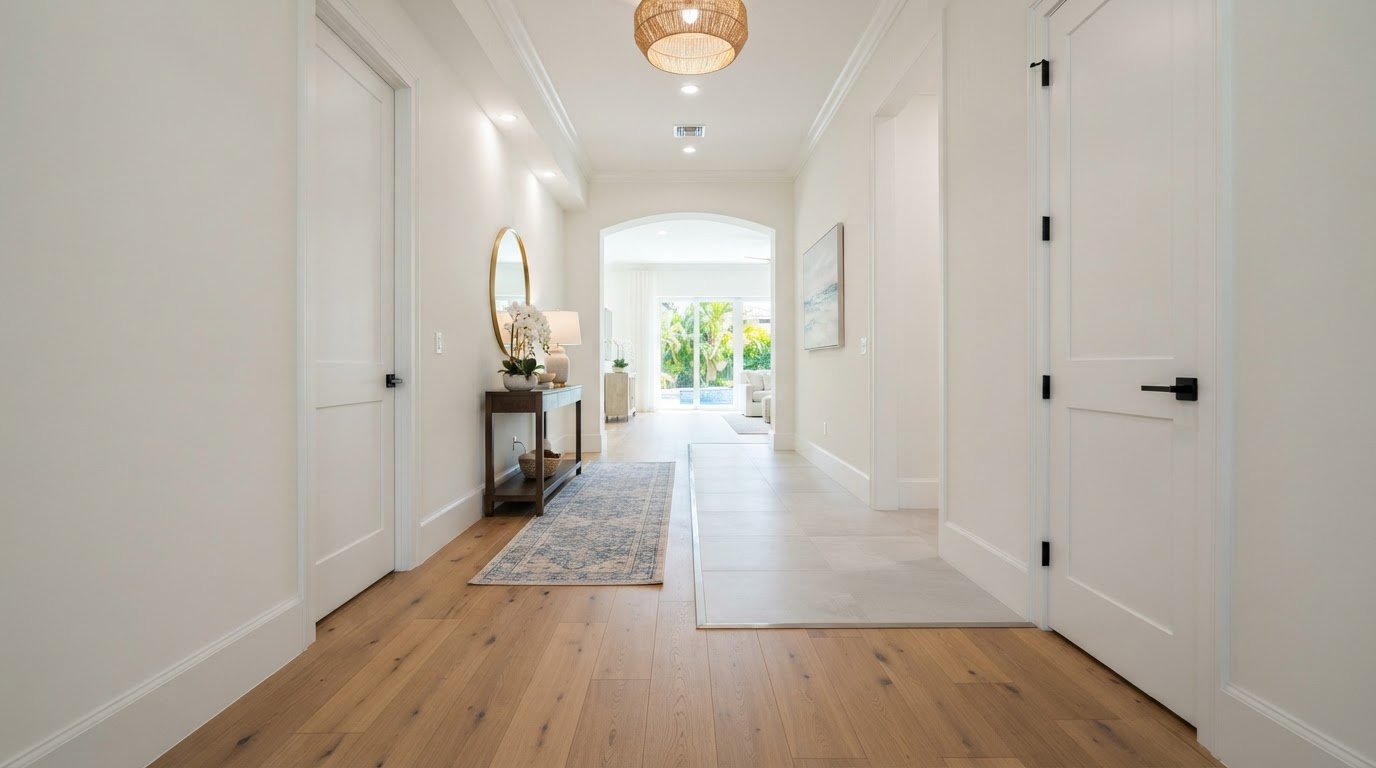Residential interior with coordinated hardwood flooring and kitchen cabinetry, serving Atlantis, Florida