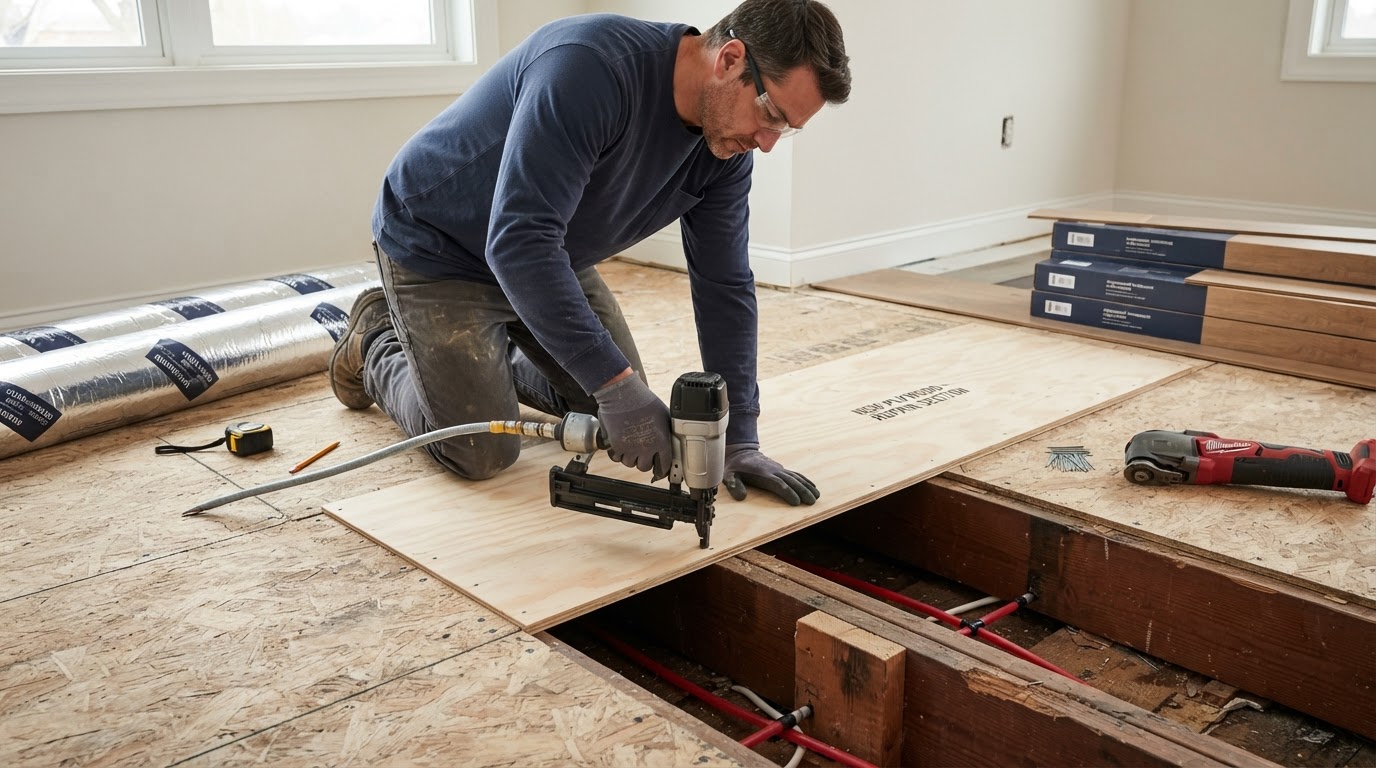 Subfloor being evaluated and repaired before new flooring installation in a Loxahatchee, Florida home