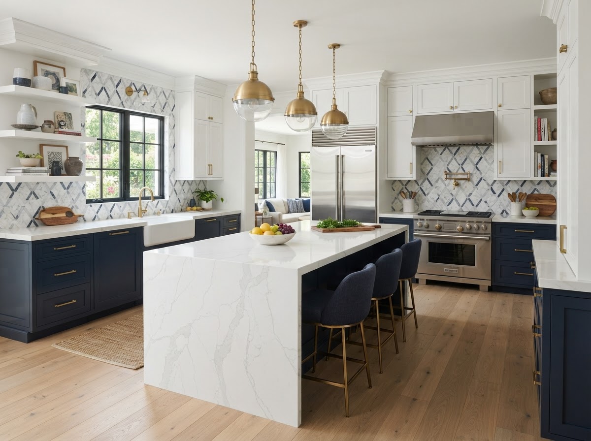 Remodeled kitchen with custom cabinets, quartz countertops, and backsplash in Loxahatchee Florida