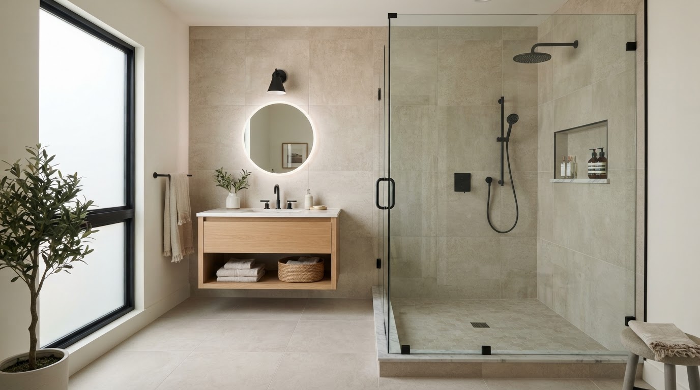 Walk-in shower installed where a bathtub was removed in a residential bathroom near Loxahatchee, Florida
