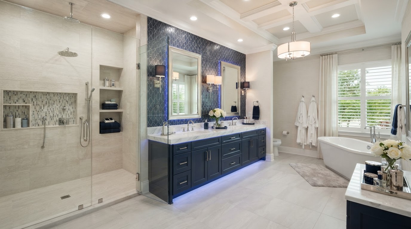 Refined primary bathroom with walk-in shower, vanity, tile and flooring near Loxahatchee, Florida