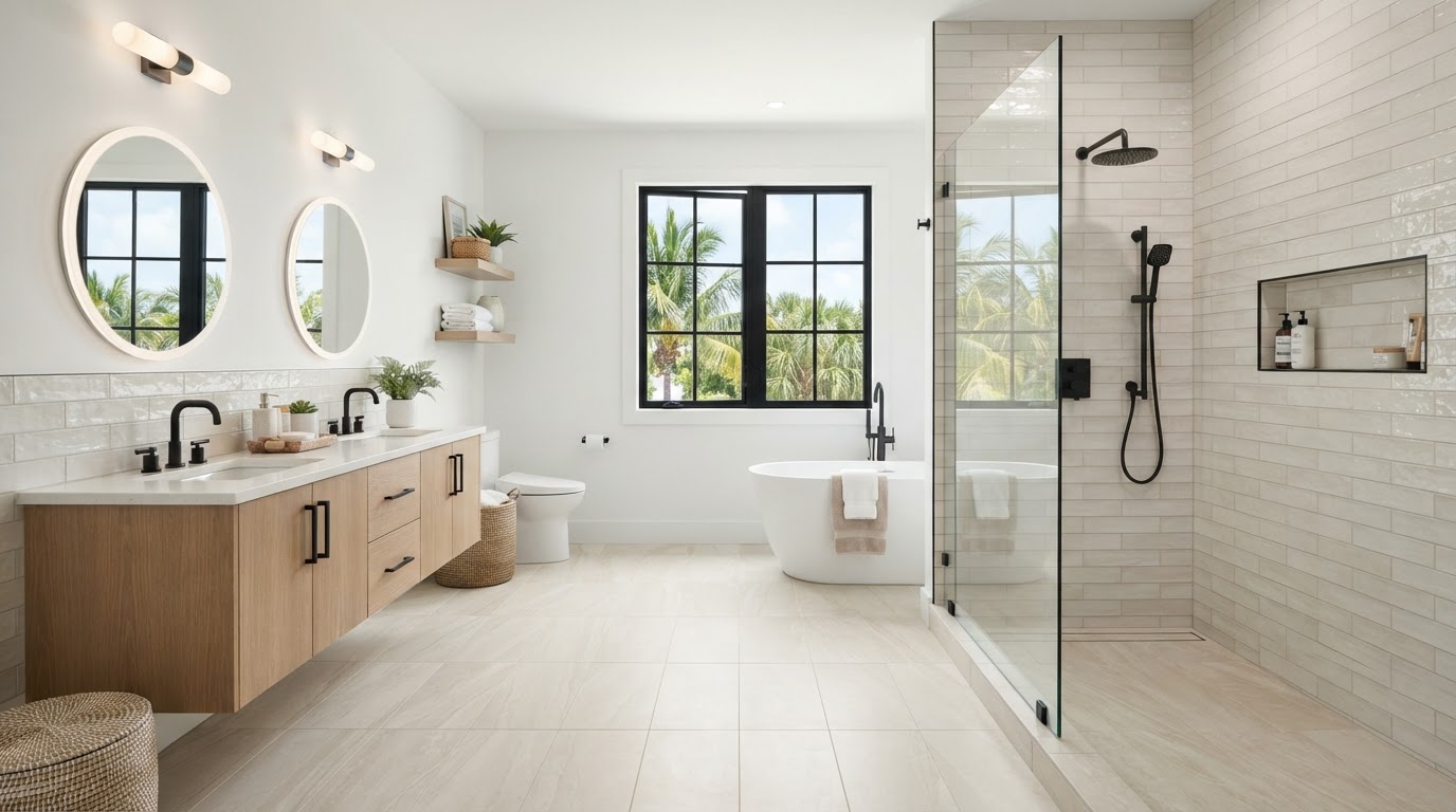 Clean bright remodeled bathroom interior with coordinated porcelain tile, walk-in shower, vanity and flooring, serving Juno Beach, Florida