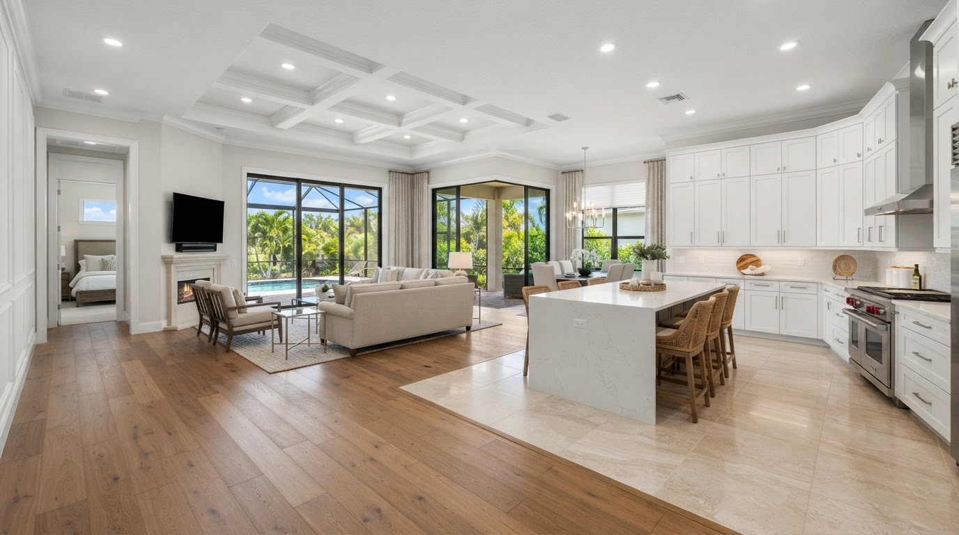 Refined residential interior with coordinated porcelain tile and hardwood flooring, serving Jupiter Inlet Colony, Florida