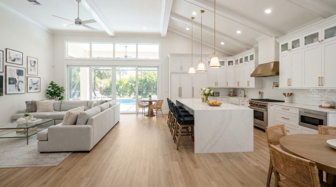 Luxury Florida home interior showing luxury vinyl plank flooring and remodeled gourmet kitchen by IJC Floors Inc in Loxahatchee