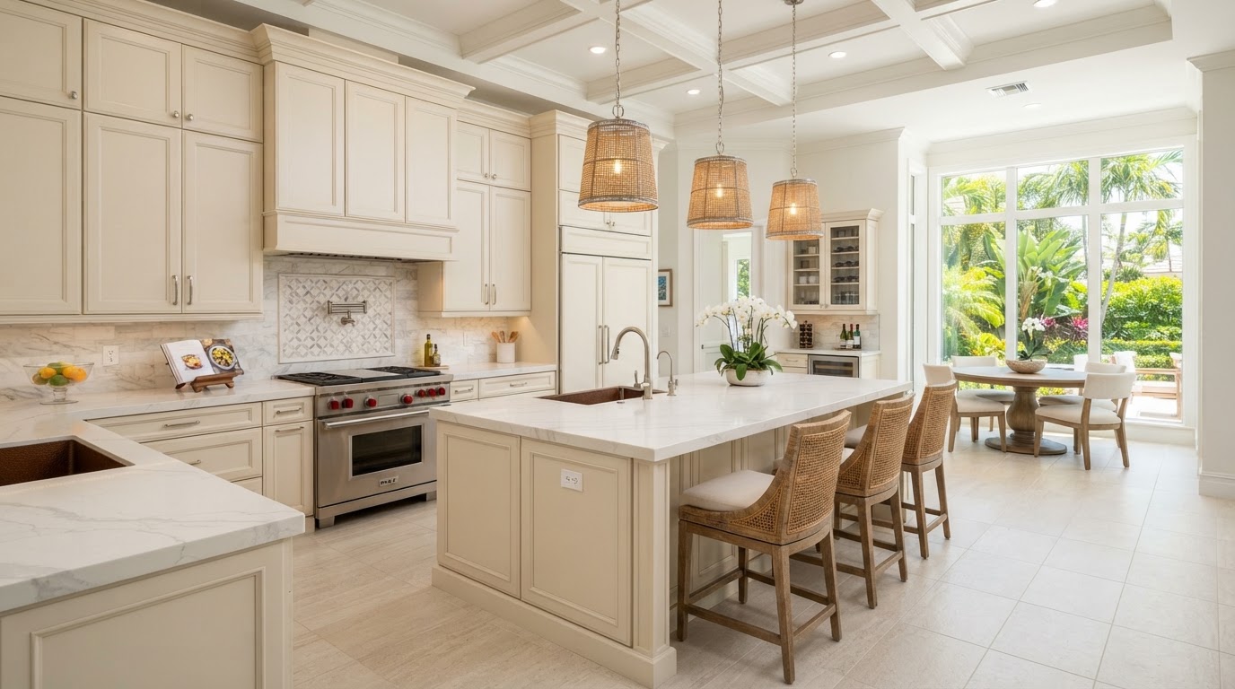 Elegant remodeled residential kitchen with coordinated cabinetry, countertops, backsplash and tile flooring, serving Palm Beach Gardens, Florida