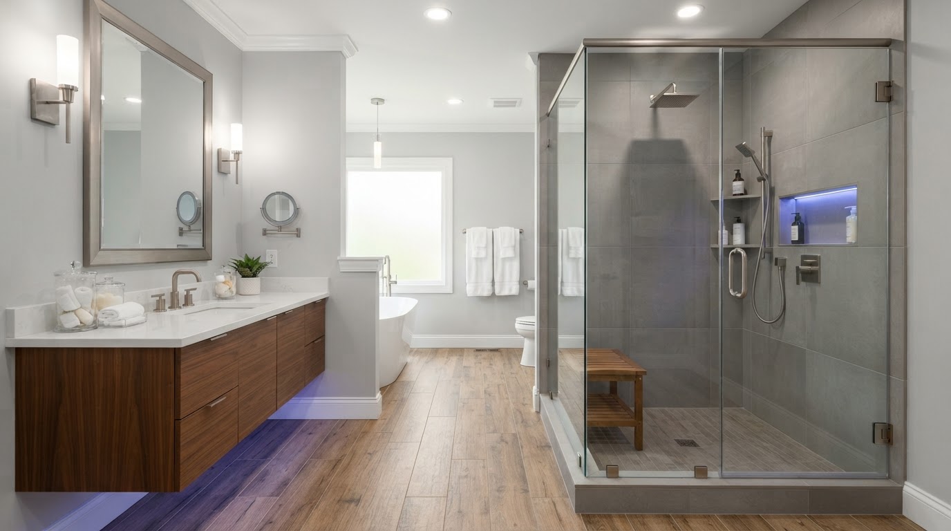 Remodeled residential bathroom with modern walk-in shower, tile and vanity serving Royal Palm Beach, Florida