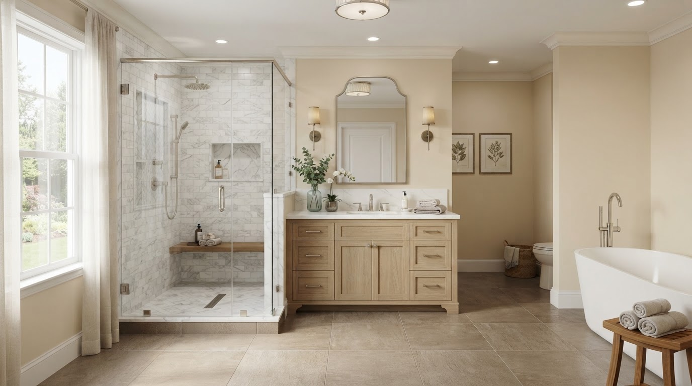 Refined residential bathroom with a custom walk-in tile shower, coordinated vanity, porcelain floor tile and elegant fixtures, serving Boca Raton, Florida