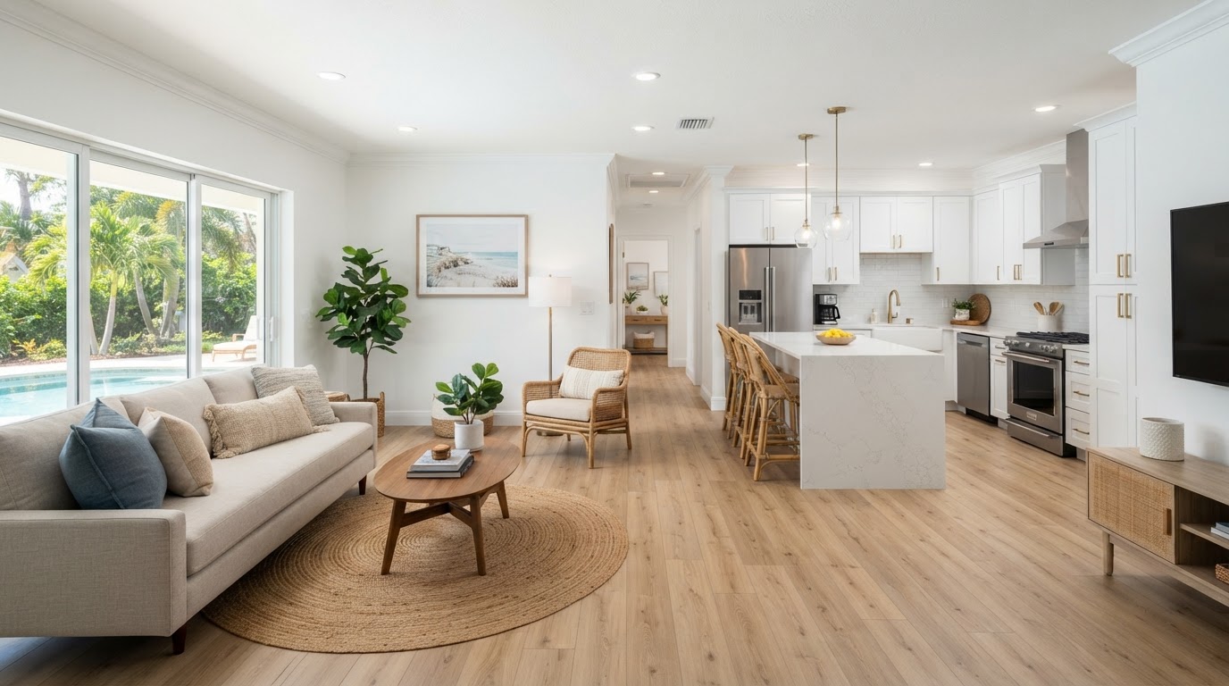 Residential interior with new luxury vinyl plank flooring and refreshed kitchen finishes, serving Lantana, Florida