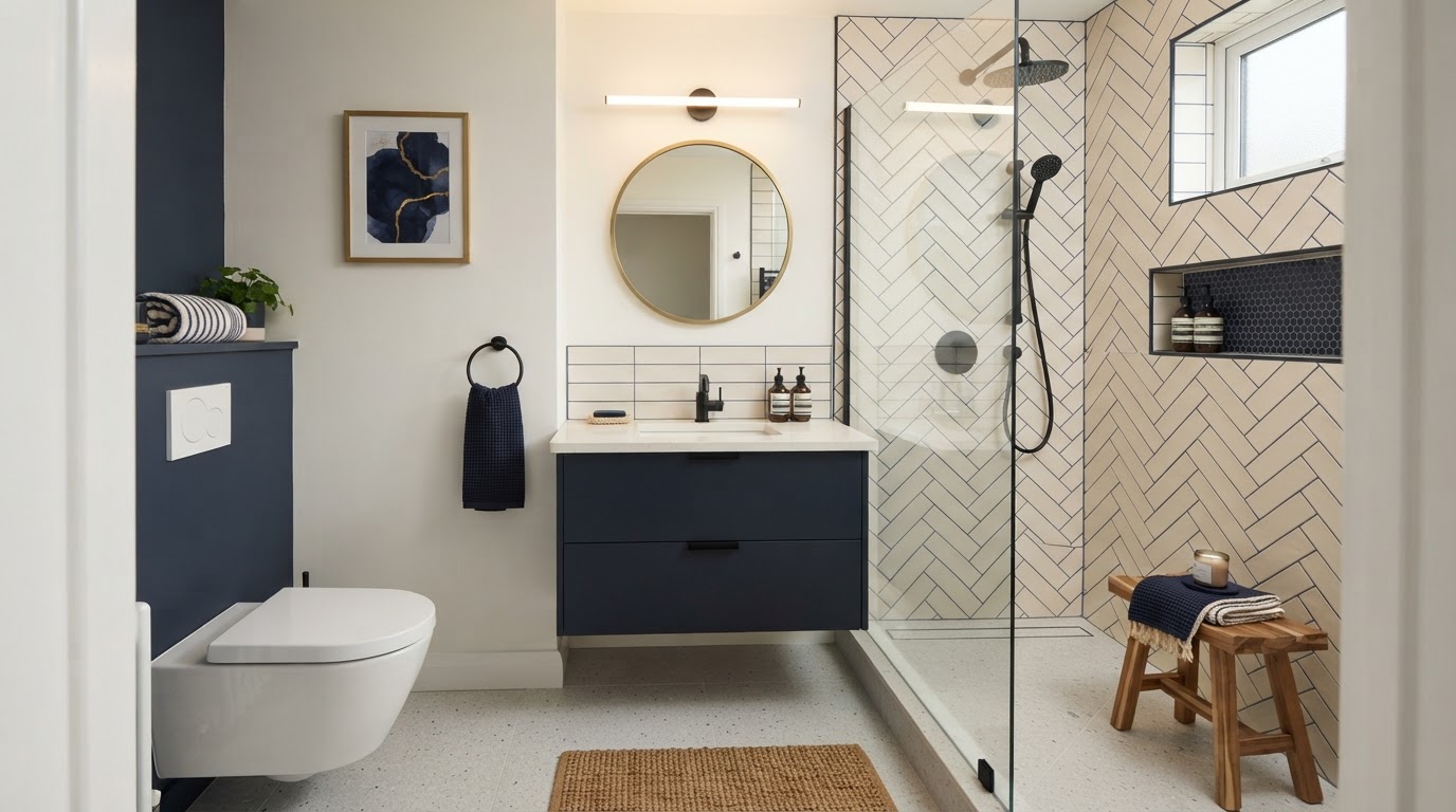 Well-designed small bathroom with coordinated vanity, tile and flooring near Loxahatchee, Florida