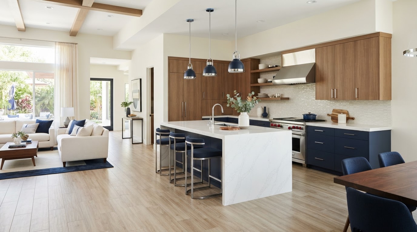 Contemporary residential interior with updated cabinetry, kitchen island and light flooring serving Westlake, Florida