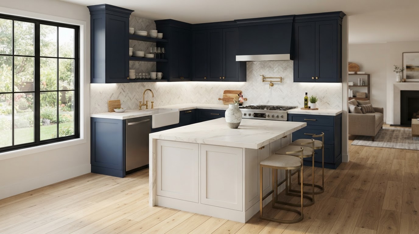 Kitchen remodeling and renovations near Loxahatchee showing a remodeled kitchen with new flooring, cabinetry, and a tiled backsplash