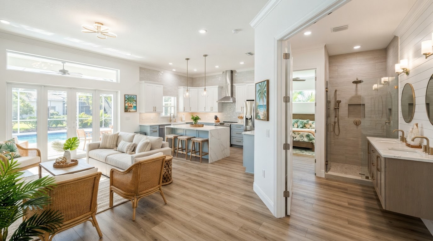 Comprehensive remodeled Florida home interior with coordinated flooring, updated kitchen and primary bathroom with walk-in shower, serving Boynton Beach, Florida