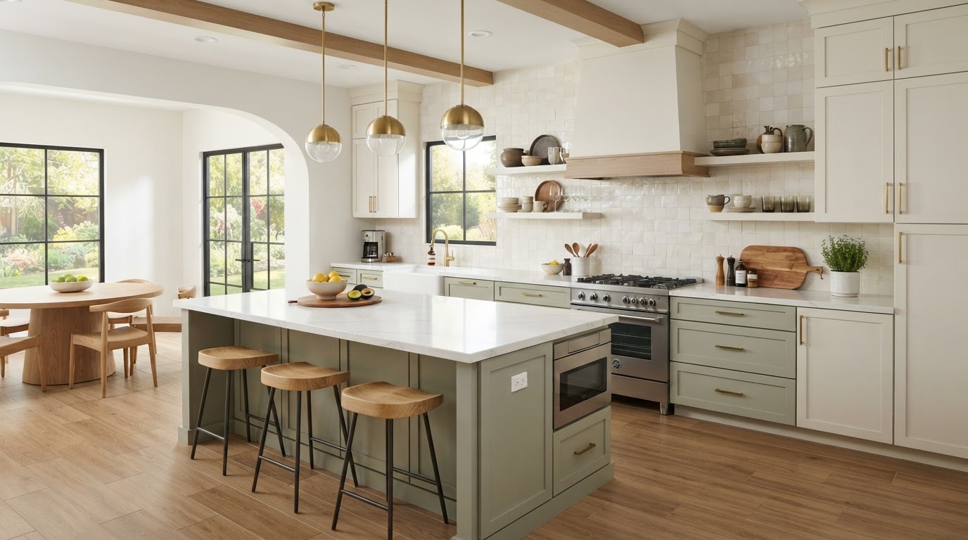 Remodeled residential kitchen with new cabinetry, stone countertops, tile backsplash and wood-look tile flooring, serving Delray Beach, Florida