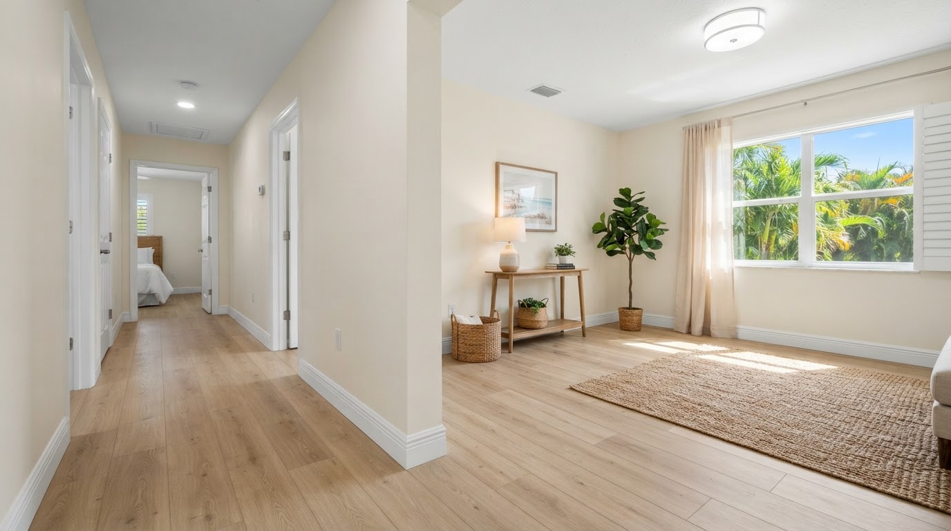 Residential interior with new luxury vinyl plank flooring replacing older flooring and updated baseboards, serving Mangonia Park, Florida