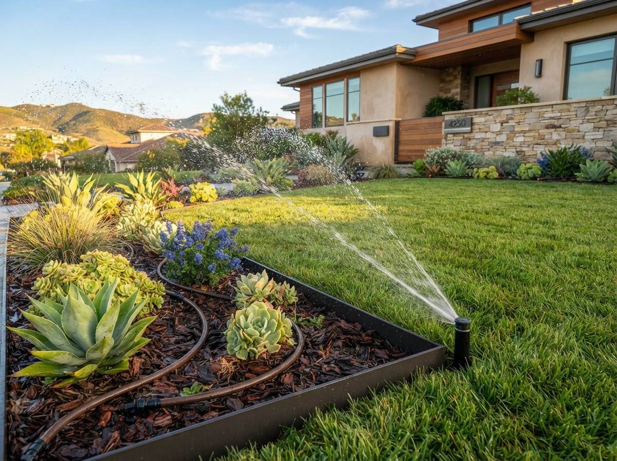 Sprinkler irrigation system watering a San Diego lawn with drip lines along a garden bed