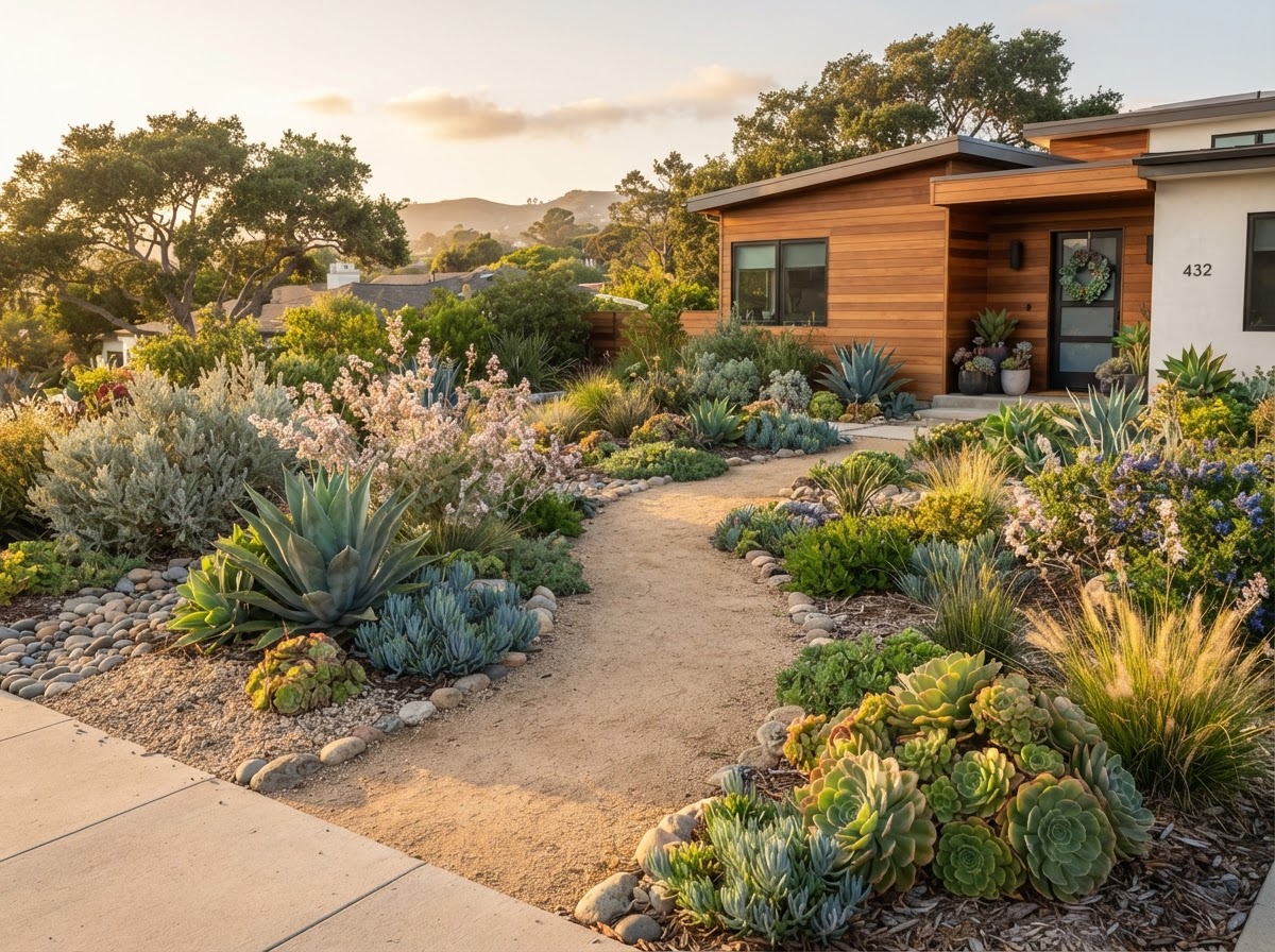 Drought-tolerant front yard xeriscape in San Diego with succulents, native plants and decorative rock