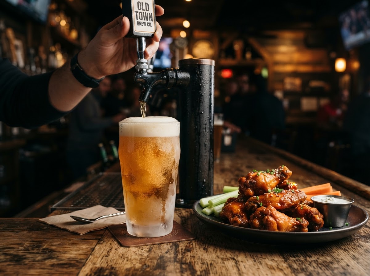 Frosty amber draft beer poured beside a plate of buffalo wings at Sports'N'Beer