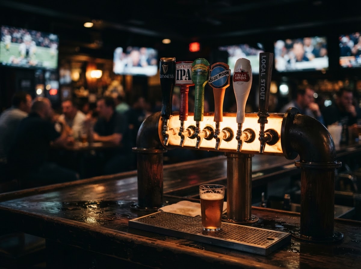 Row of frosty draft beer taps on the wooden bar at Sports'N'Beer Avon Lake