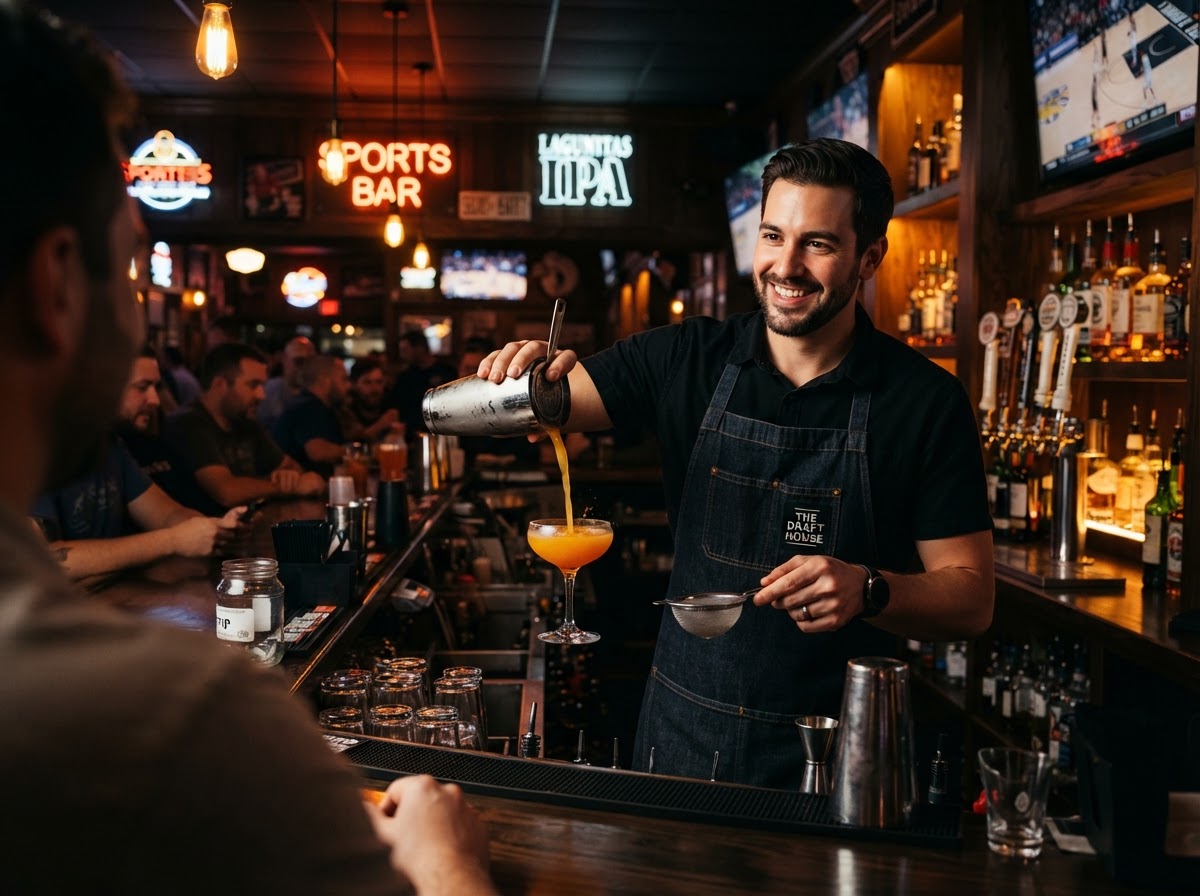 Smiling bartender pouring a cocktail behind the bar at Sports'N'Beer