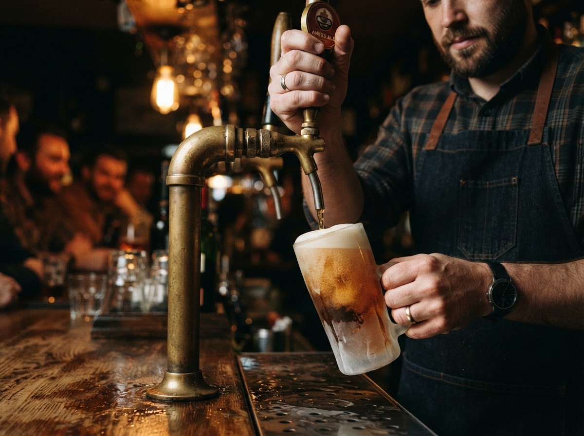 Bartender pouring a frosty amber draft beer at Sports'N'Beer Avon Lake