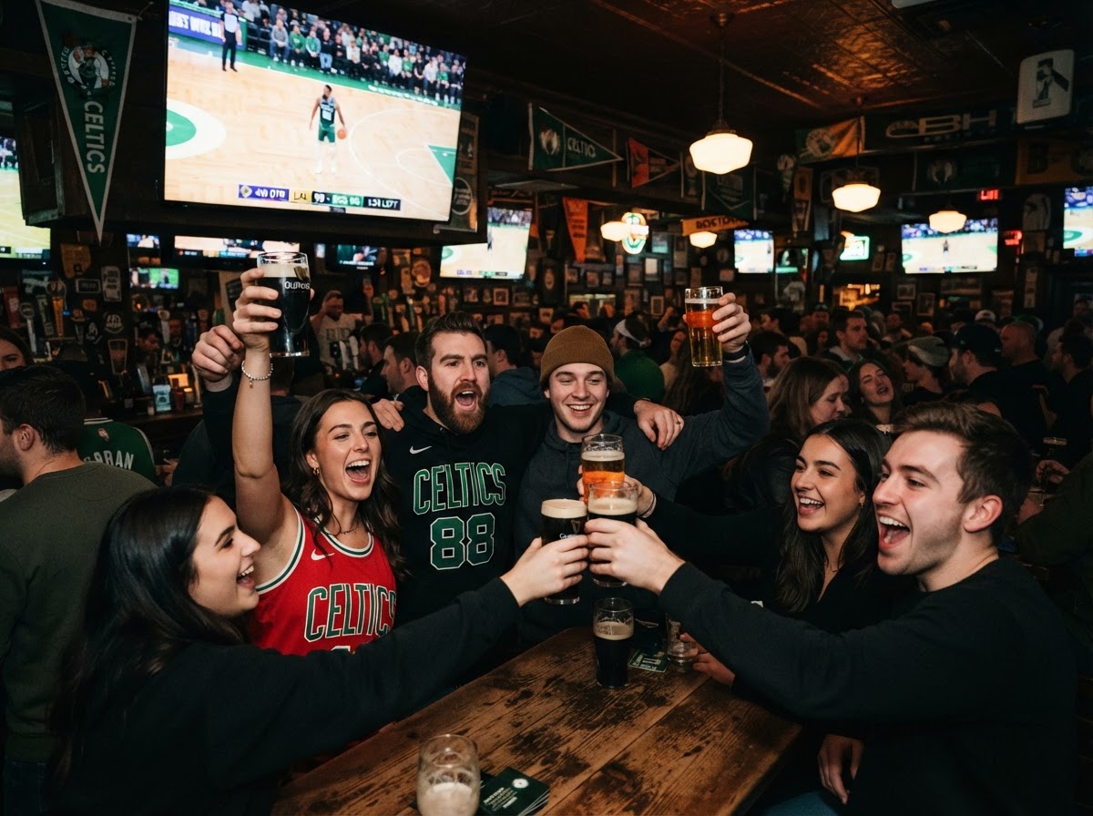 Friends cheering and raising beer glasses watching a game at Sports'N'Beer