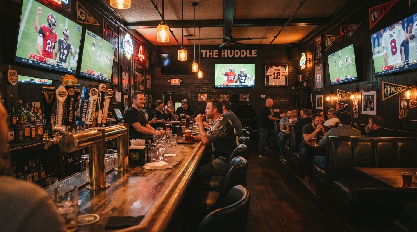 Moody interior of Sports'N'Beer sports bar in Avon Lake with leather booths and big screens
