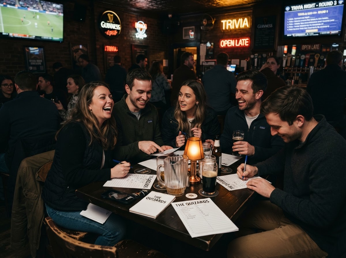 Teams playing trivia night with drinks at Sports'N'Beer in Avon Lake