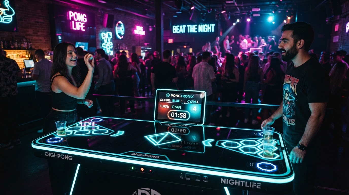 Close-up of a PONGDIRECT table surface showing neon cyan LED rails, embedded digital scoreboard, and RFID cup sensors