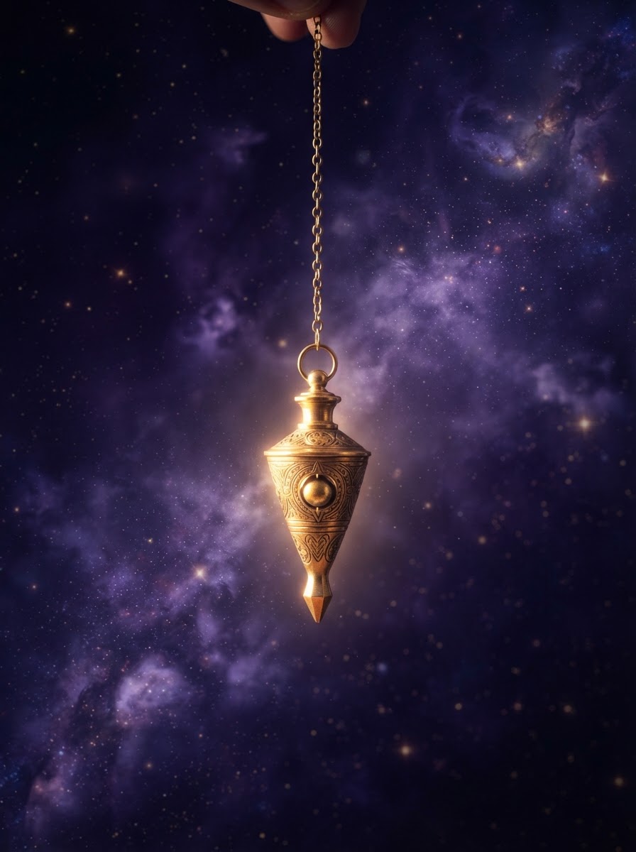 Pendul de radiestezie luminând într-un cadru cosmic