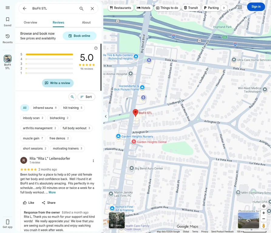 Actual Google Maps reviews tab for BioFit STL, showing the Google review summary and customer feedback