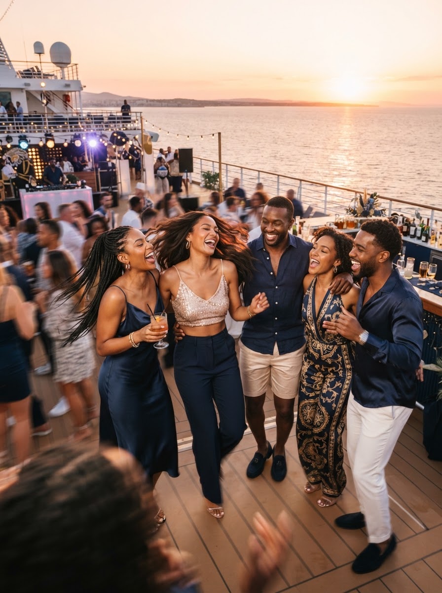 Stylish guests dancing and celebrating together at a sunset boat party