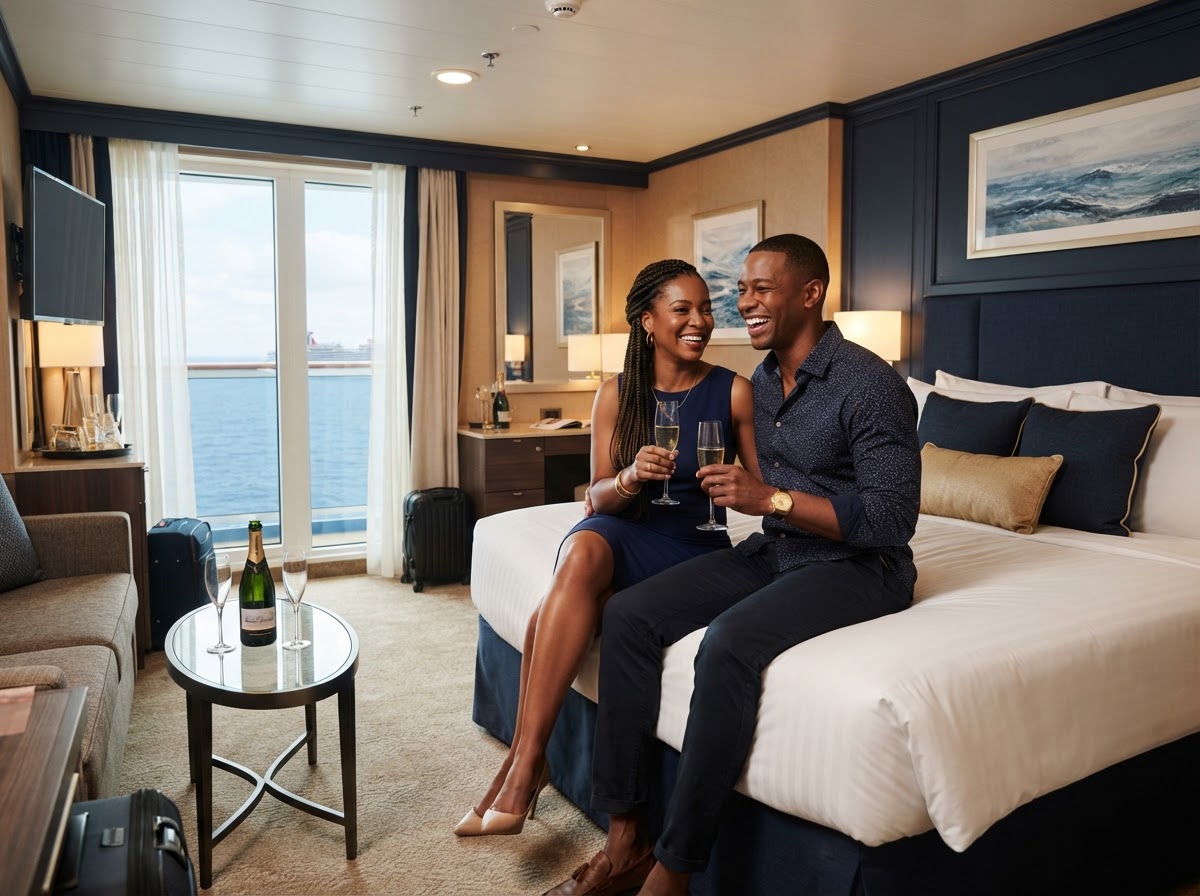Premium cruise ship ocean-view stateroom interior