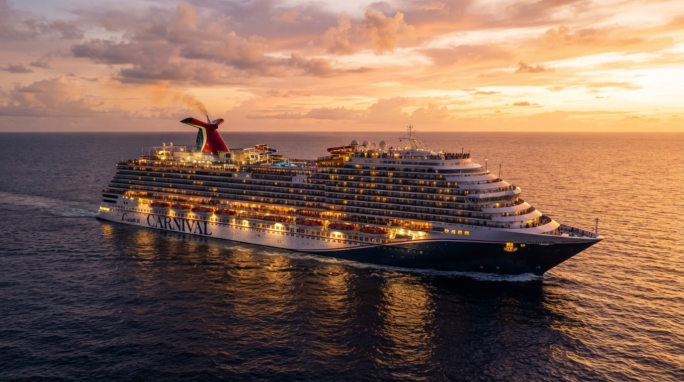 Carnival Dream cruise ship sailing into a golden-hour sunset over a deep navy ocean