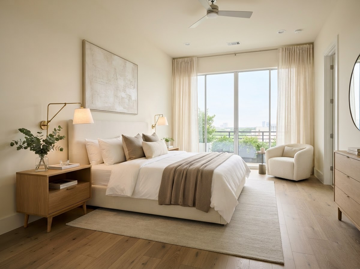 Spacious primary bedroom with neutral tones in the Amberwood townhome