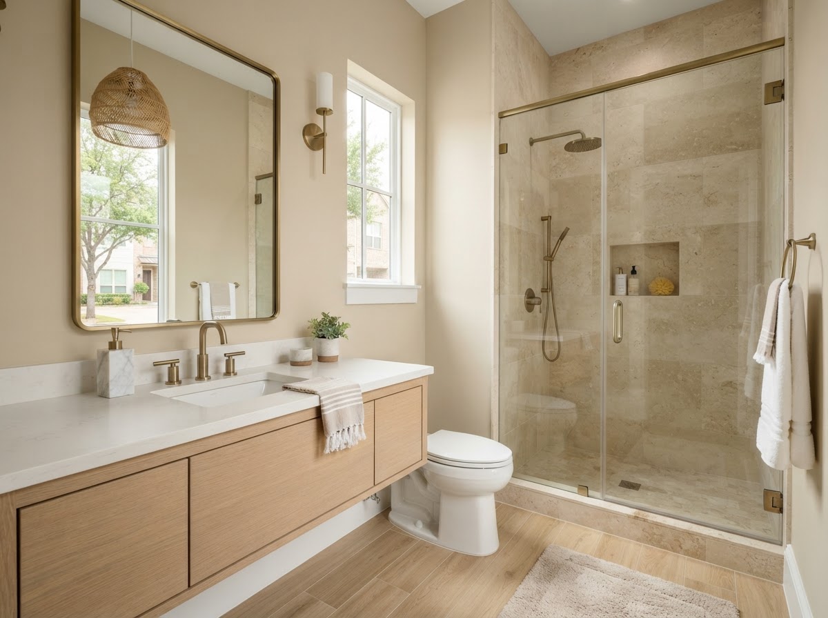 Modern bathroom with walk-in shower and stone tile in the Amberwood townhome