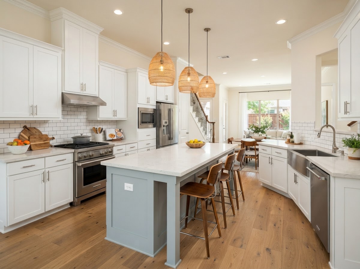 Updated kitchen with island and stone countertops in the Amberwood townhome