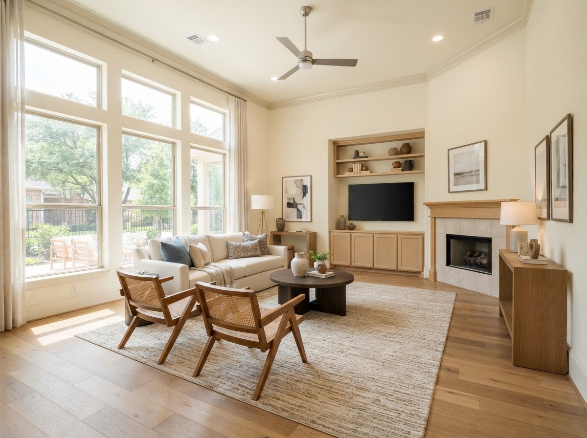 Bright living room with large windows and oak flooring in the Amberwood townhome