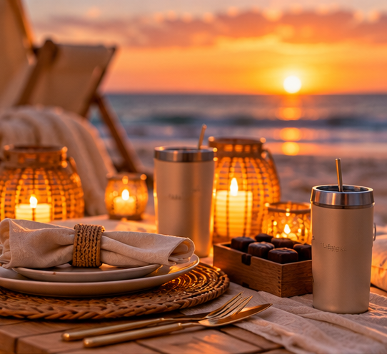 Close-up of table setting with woven chargers, golden cutlery, and cold drink tumblers