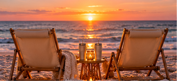 Two wooden sling chairs side by side facing the Gulf sunset with cozy throws