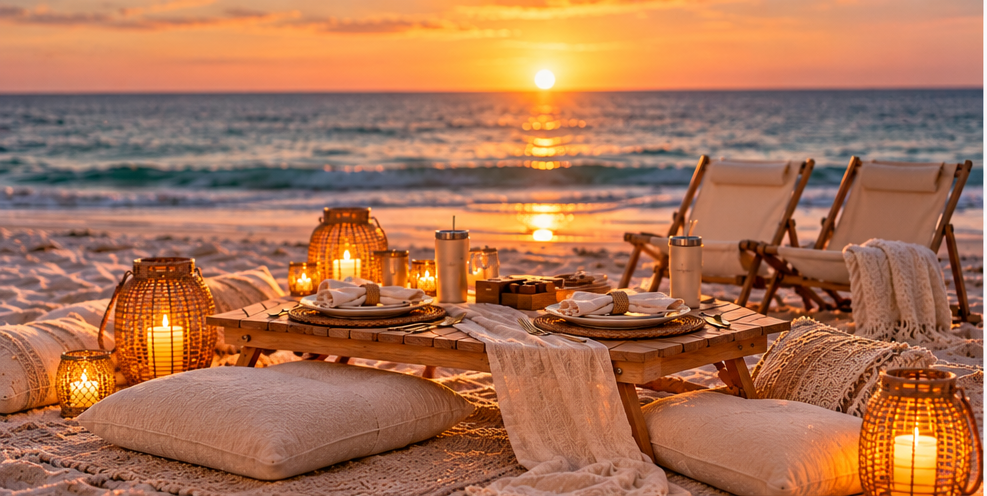 Low wooden table with linen cushions, glowing lanterns, and sunset views over the Gulf