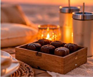 Artisan chocolates in a handcrafted wooden box with warm lantern glow
