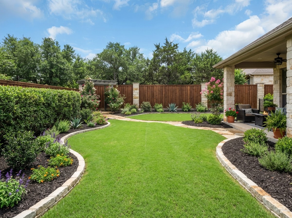 Freshly landscaped Texas backyard with a clean lawn, stone edging and mulched flower beds