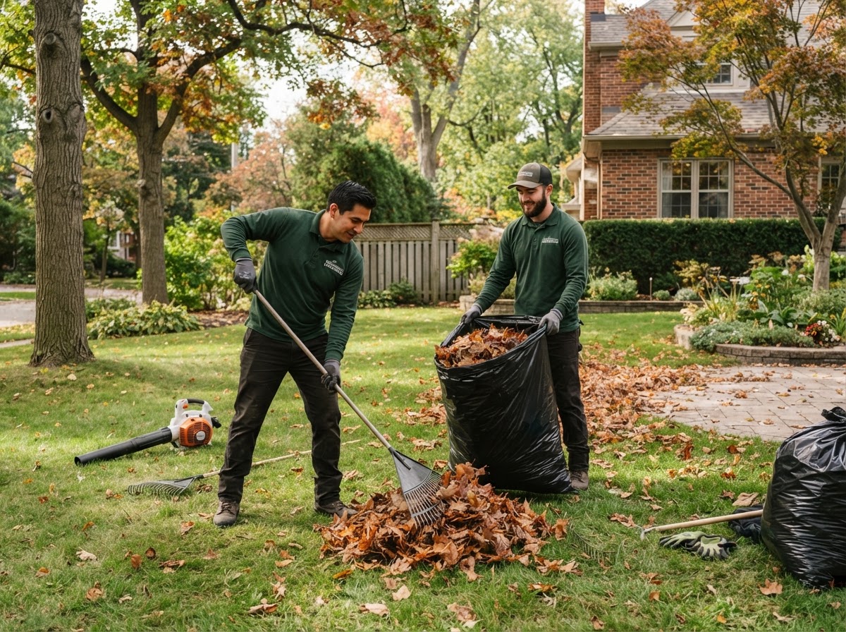 Professional landscapers cleaning up a residential yard, raking and bagging leaves
