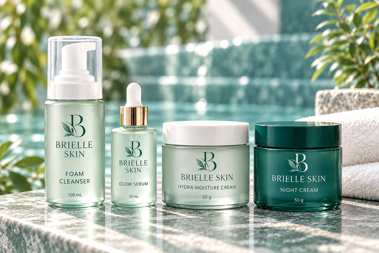 Brielle Skin Complete Glow Ritual — official 4-piece skincare collection photograph: Foam Cleanser (100 mL), Glow Serum (30 mL), Hydra Moisture Cream (50 g), Night Cream (50 g)
