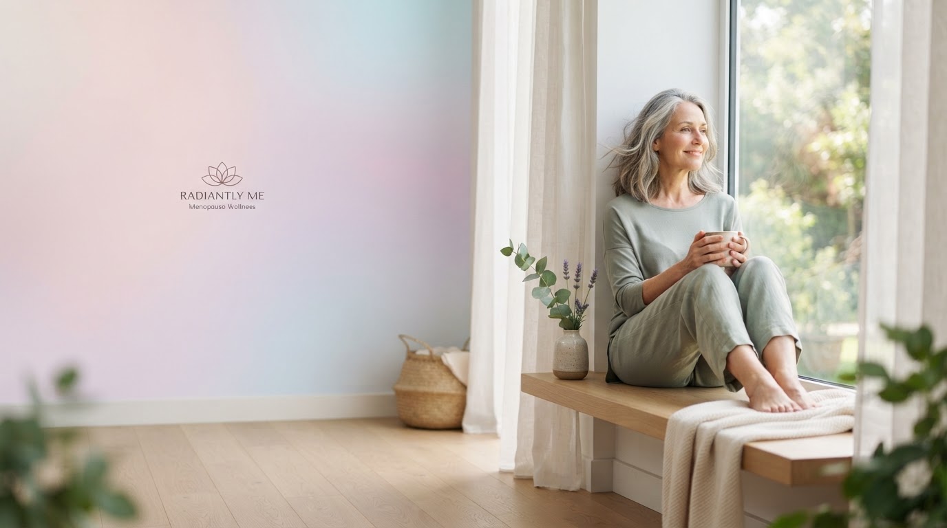 A calm woman enjoying soft morning light by a window