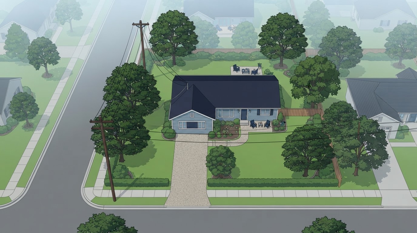 Illustrated aerial view of a residential property with mature trees and overhead utility lines — educational simulation.
